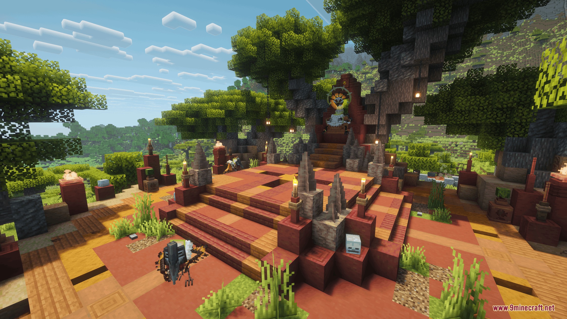 Primal Domain Refined Mod Screenshot 2 A detailed tribal altar with red terracotta blocks and decorative pillars under trees