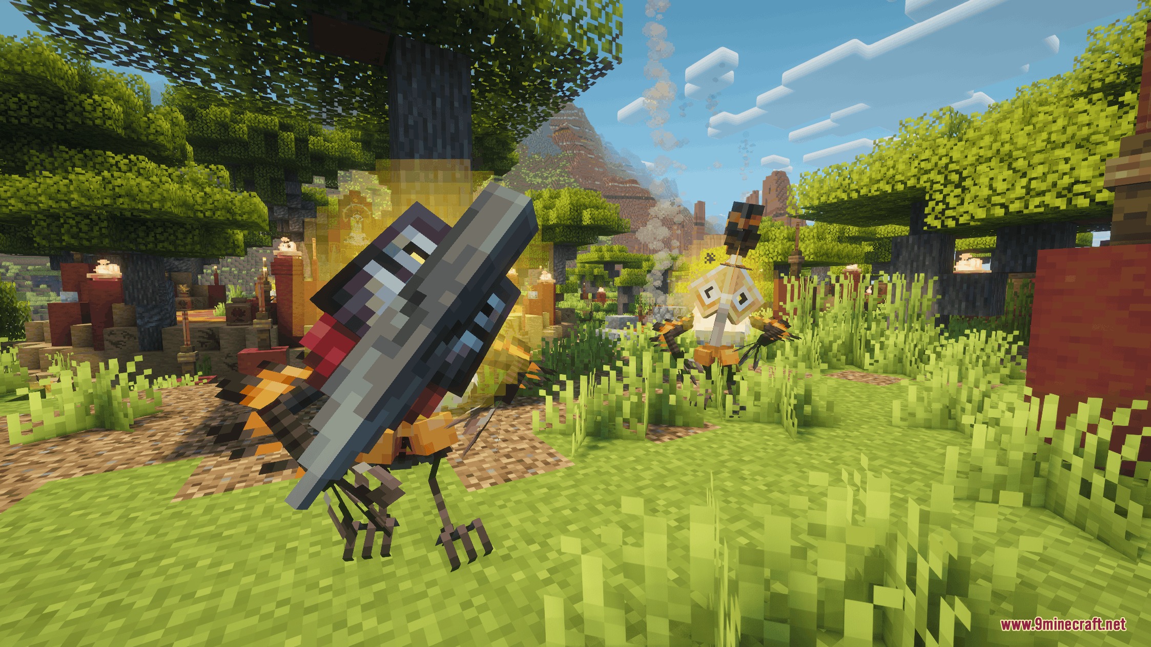 Primal Domain Refined Mod Screenshot 4 Two tribal mobs standing in a lush savanna grove with custom decorations