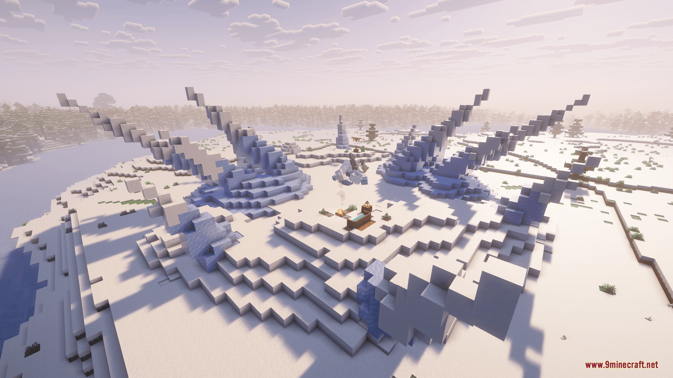 Primal Domain Refined Mod Screenshot 5 Large circular ice arena with massive spikes in a snowy Minecraft biome