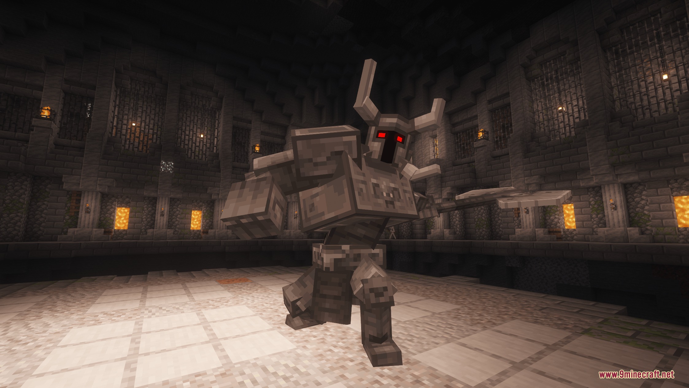 Primal Domain Refined Mod Screenshot 8 The Wroughtnaut boss with glowing red eyes prepares to attack in an arena