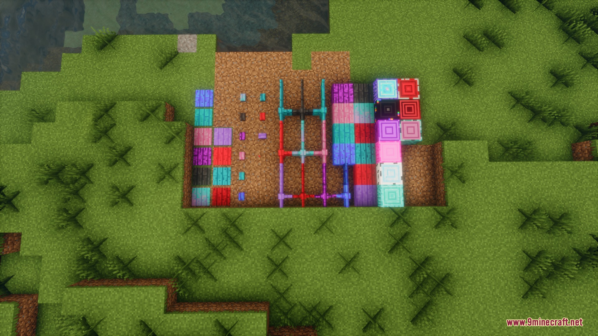 Overhead view of colorful building blocks and new ore types in Minecraft