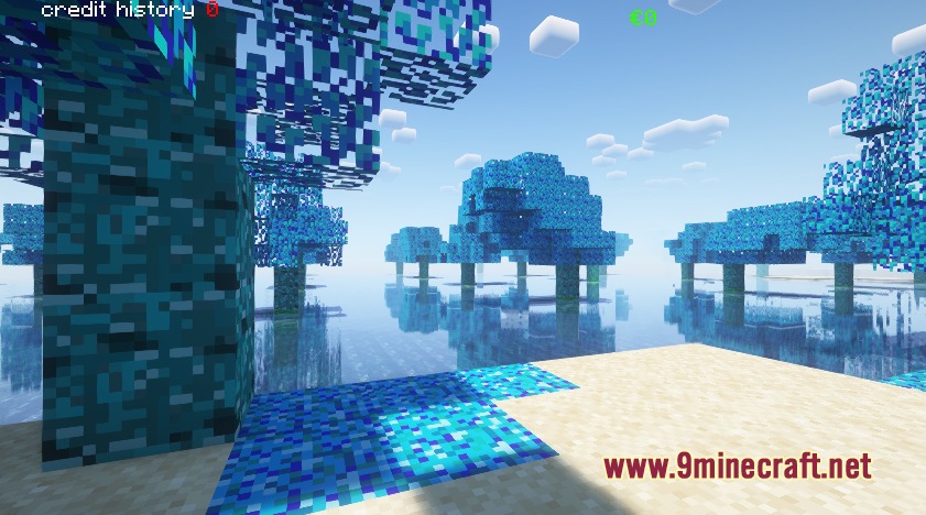 Blue trees and clear water in the custom Warden Dimension landscape
