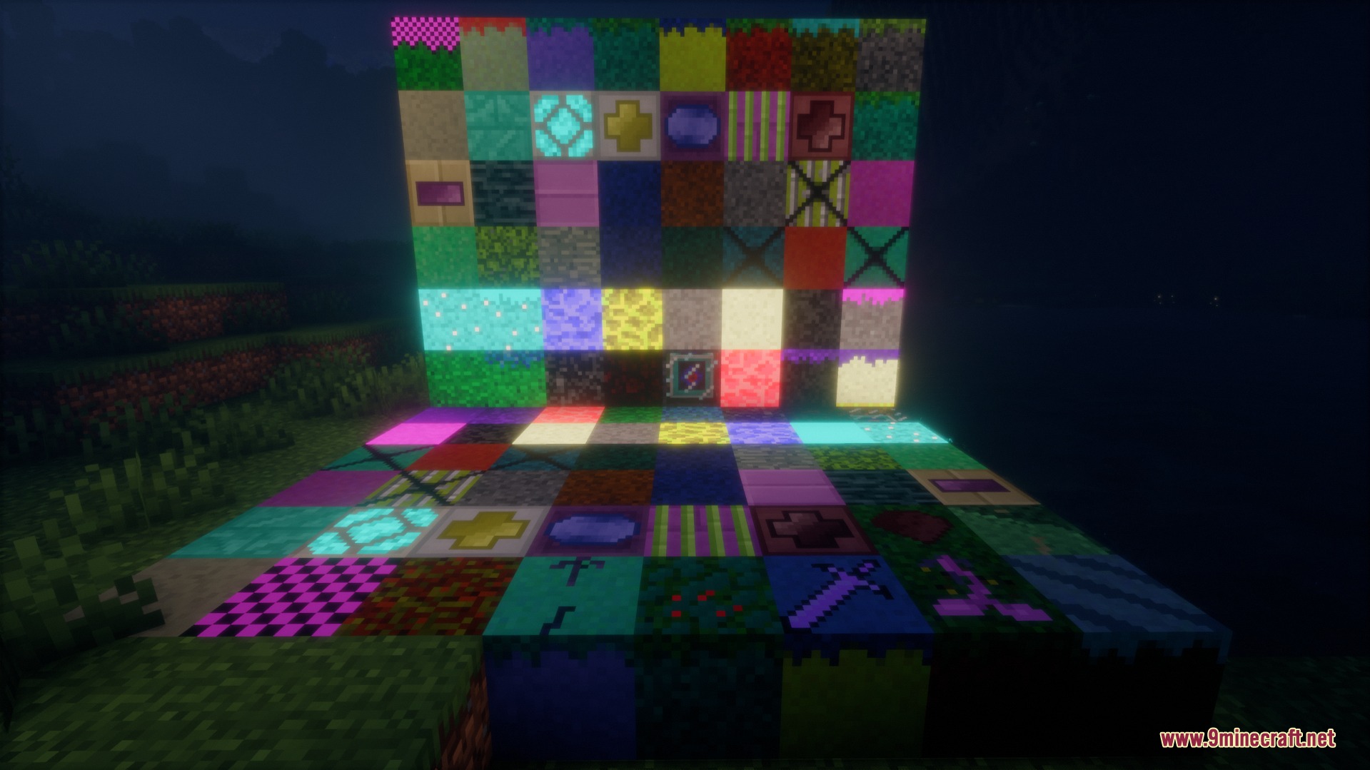 A grid of colorful and glowing blocks from Primal Echoes Expanded Mod