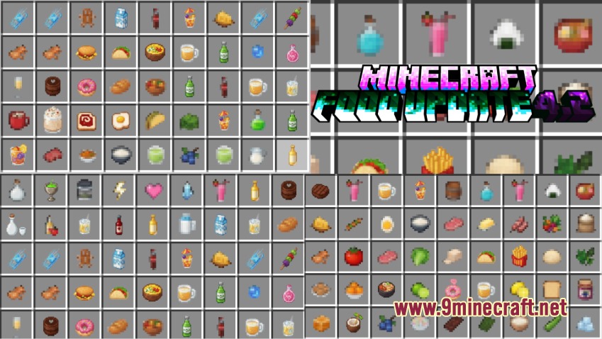 Inventory screen showing many new food items and colorful drink bottles