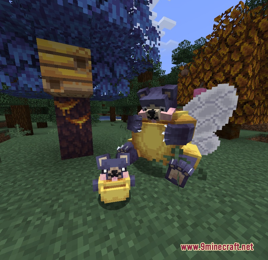 Two bear like bee creatures standing near a beehive in a forest biome