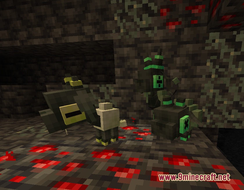 Small dark creatures with green highlights stand on redstone ore in a cave