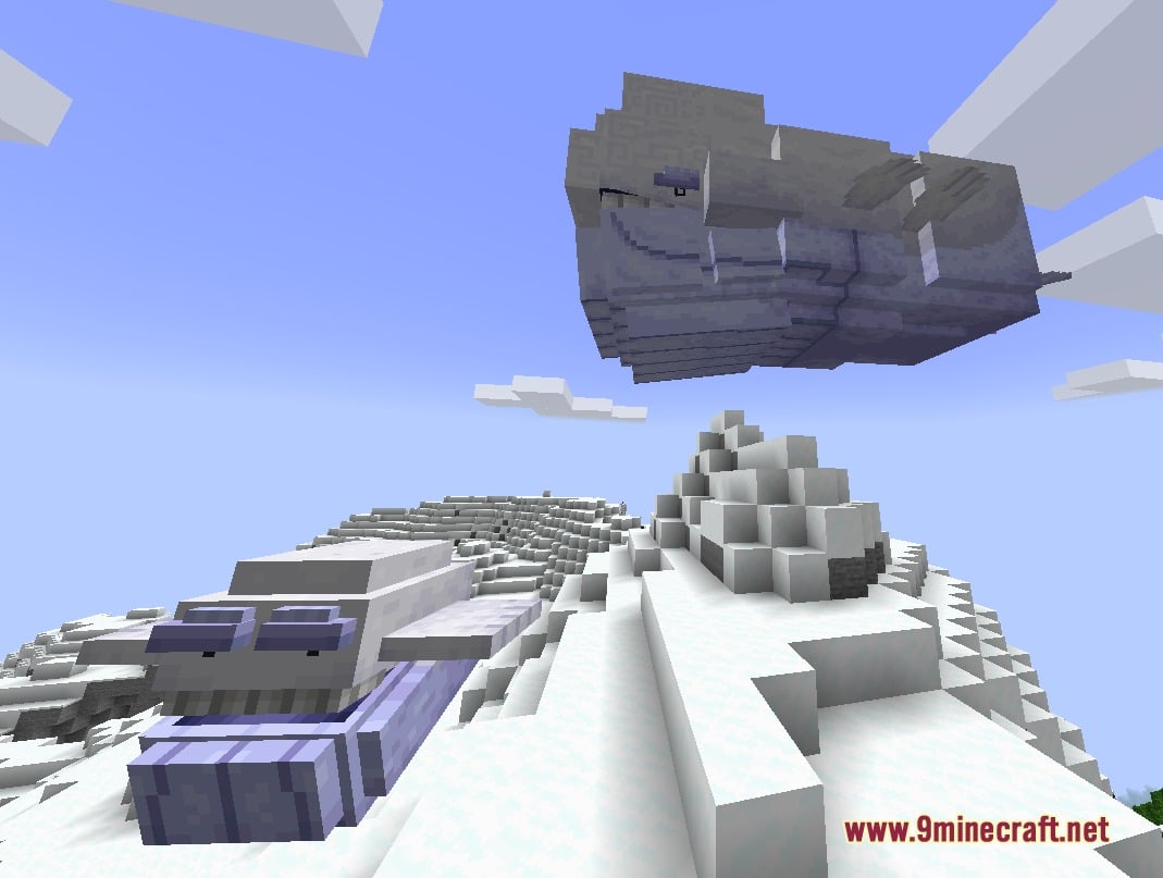 Primal Horizon Shifters Resource Pack Screenshot 5 Large grey stone Fakemon floating above a snowy mountain peak in the world