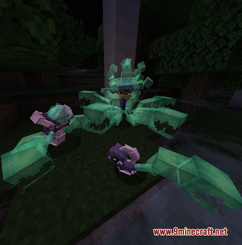 Primal Horizon Shifters Resource Pack Screenshot 8 A large glowing green monster with multiple arms appearing in a dark forest
