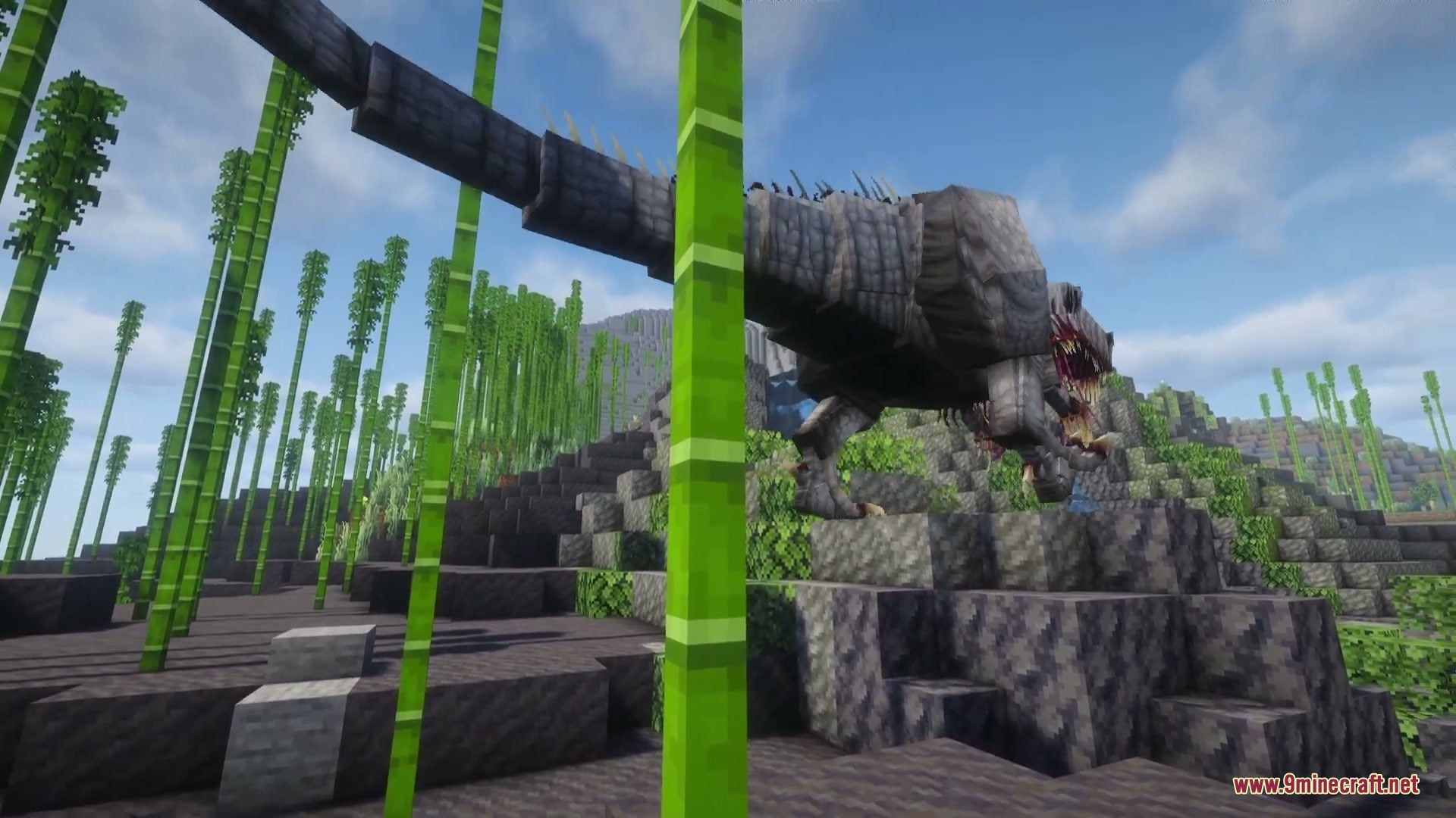 A massive infected dinosaur stalks through a dense bamboo forest in Minecraft