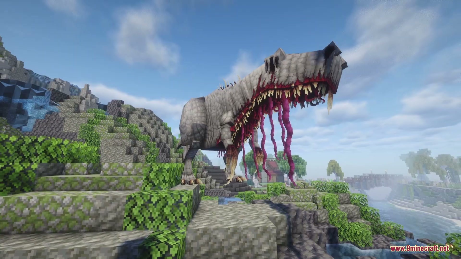 A massive infected dinosaur with purple tentacles stands on a grassy hill
