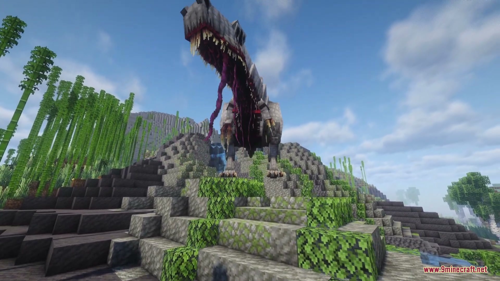 A massive parasitic dinosaur with an open mouth stalks a lush Minecraft landscape