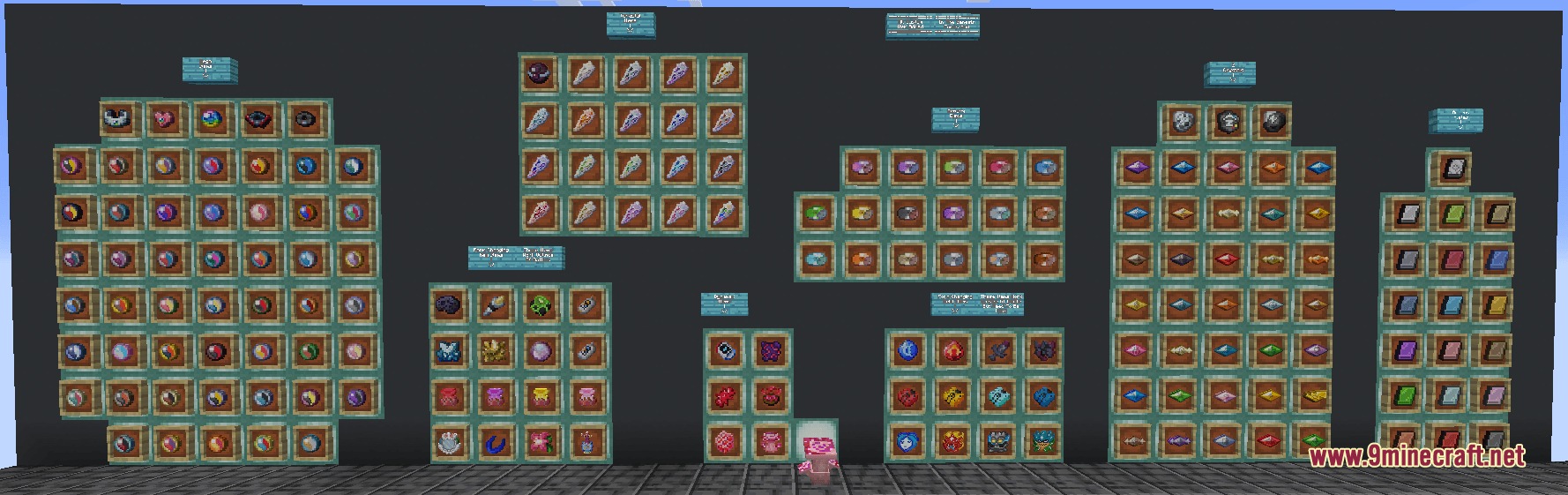 Primal Shifting Mechanics Mod Screenshot 1 A large collection of Pokemon battle items displayed in item frames on a wall