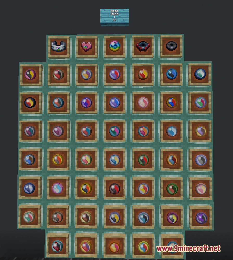 Primal Shifting Mechanics Mod Screenshot 2 Close up view of Mega Stones and evolution accessories displayed in item frames