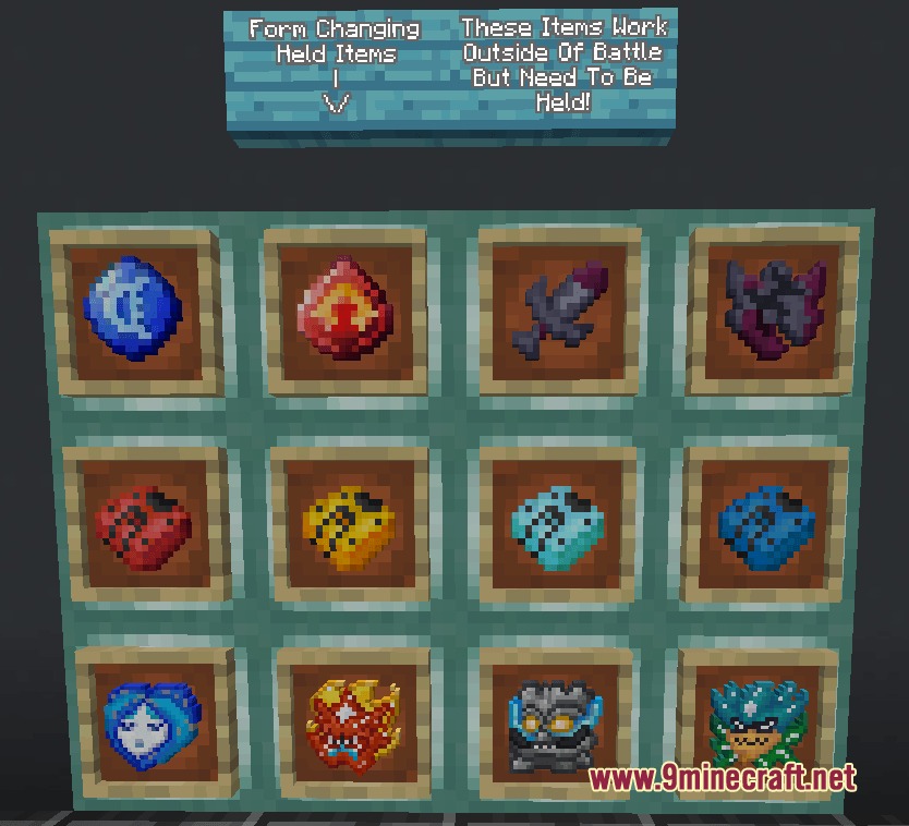 Primal Shifting Mechanics Mod Screenshot 4 Twelve form changing held items like orbs and masks displayed in item frames