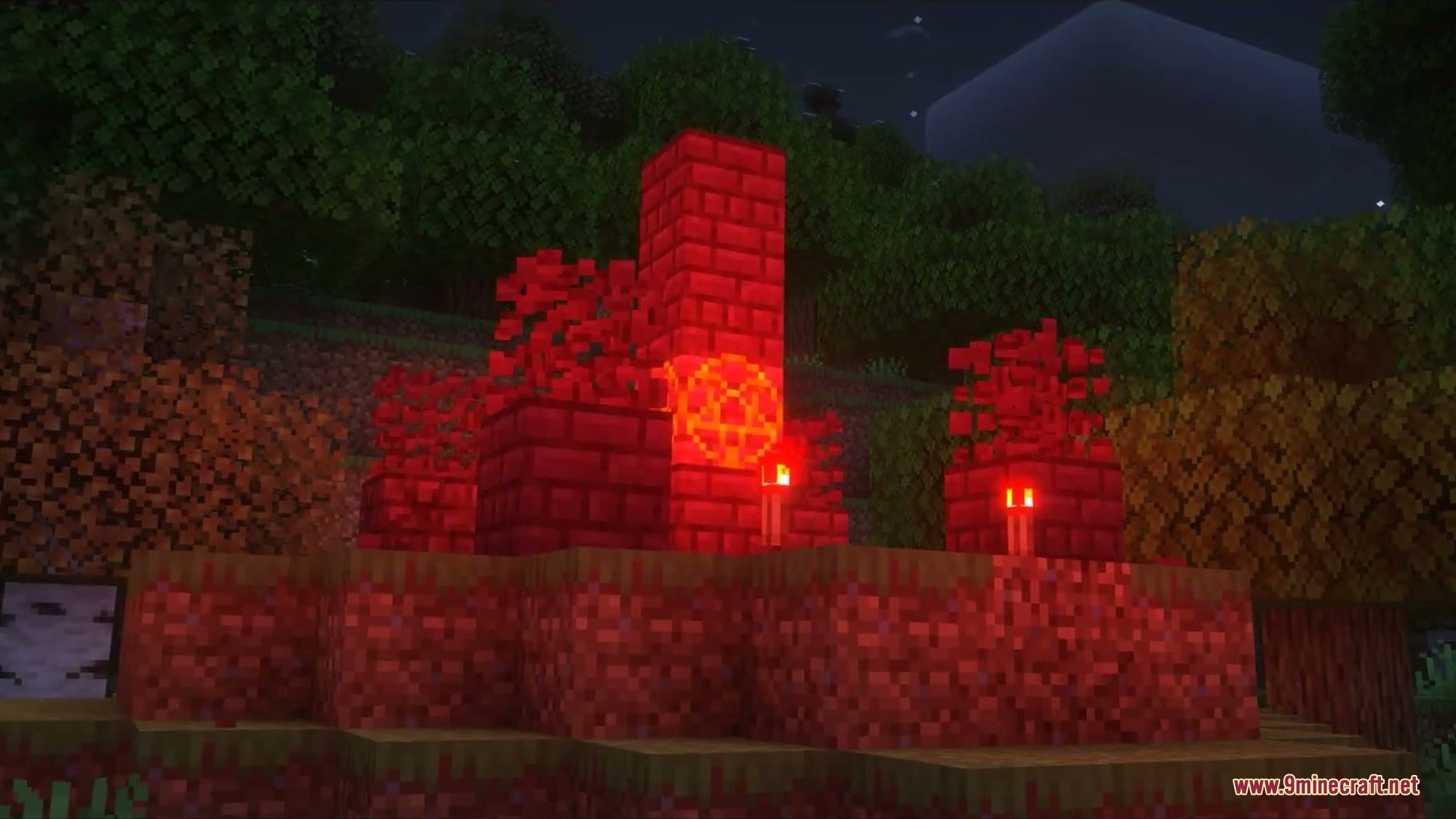 Primal Solstice Rise Mod Screenshot 1 Red brick monument with a pentagram symbol used for the summoning ritual