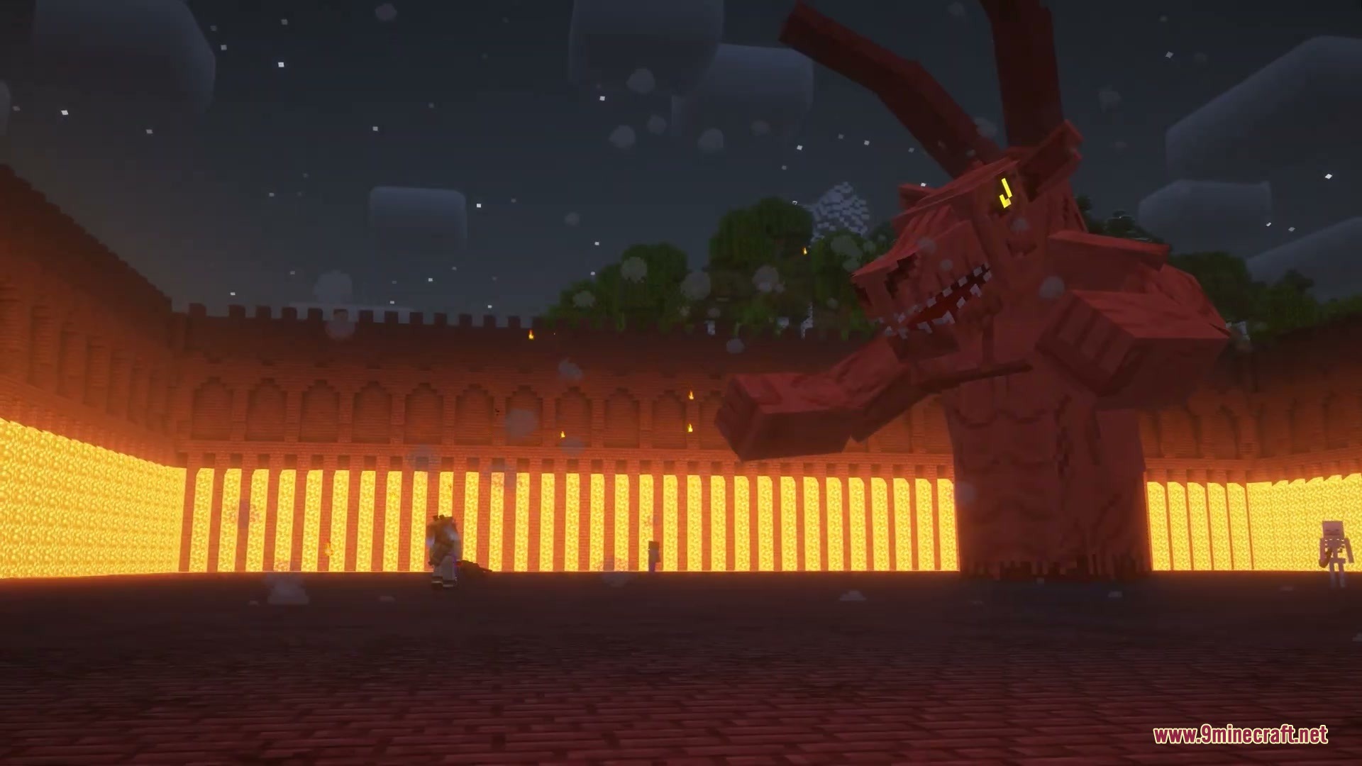 Primal Solstice Rise Mod Screenshot 3 A giant red demon boss towers over a player in a lava arena
