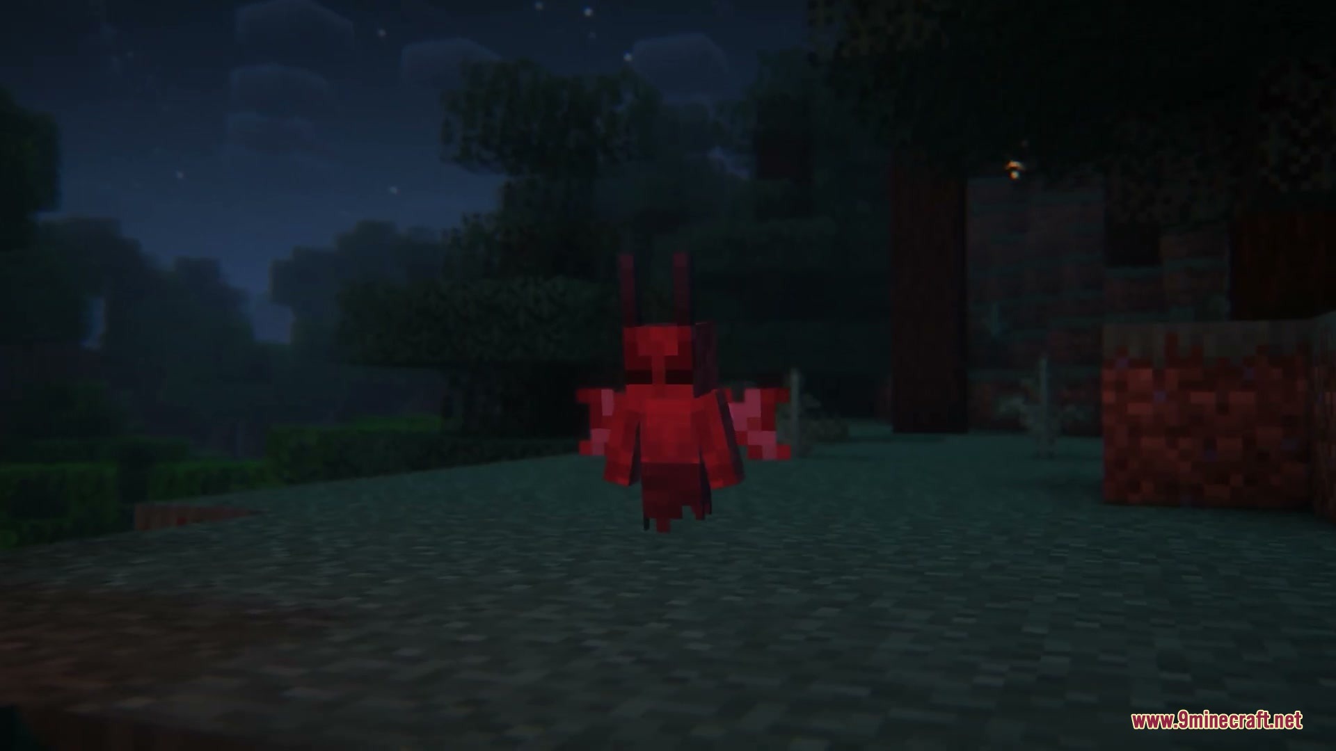 Primal Solstice Rise Mod Screenshot 6 A small red winged demon minion flies through a dark forest at night