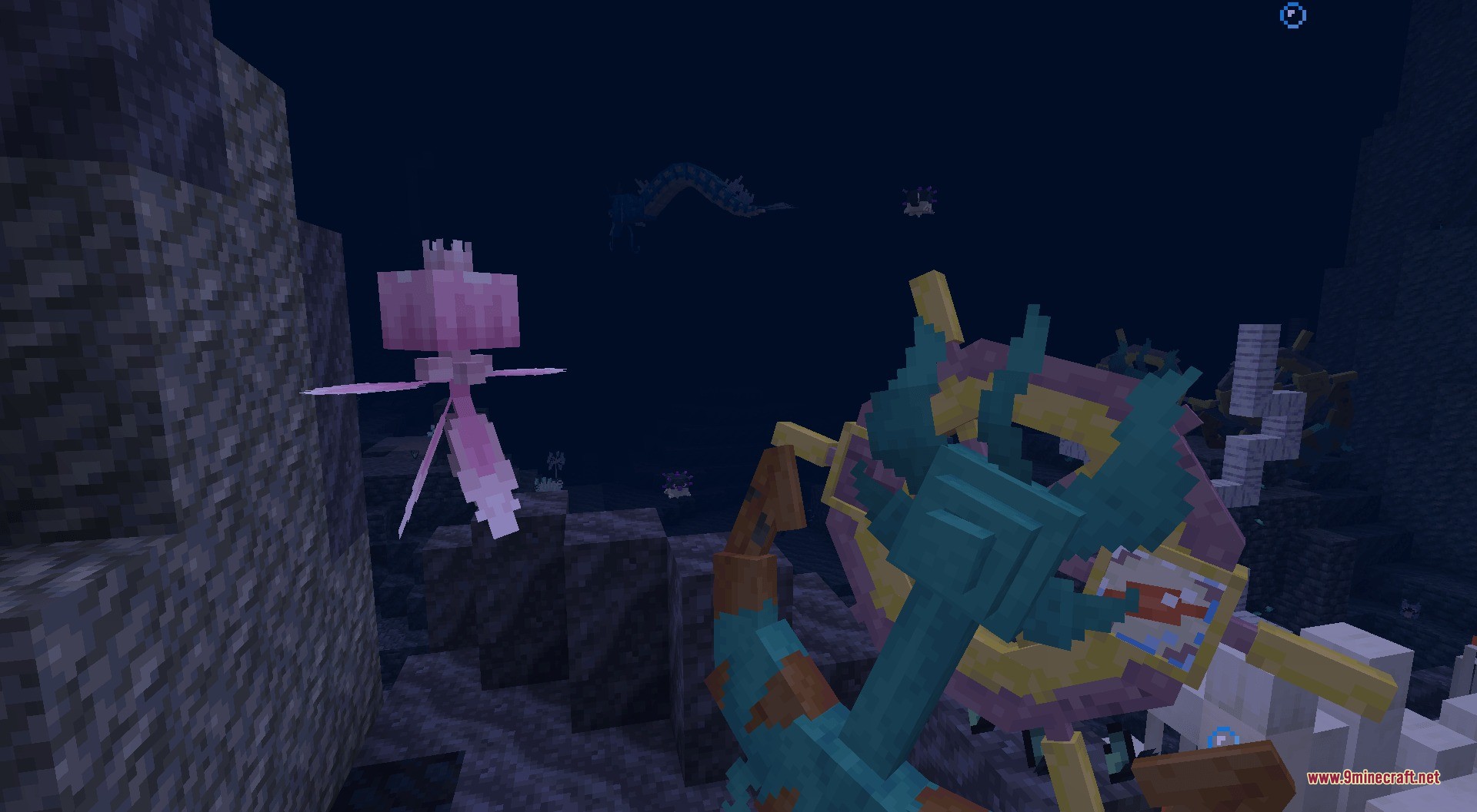 Primordial Pocket Monsters Data Pack Screenshot 1 Player explores the Abyssal Chasm with a trident near a pink jellyfish creature