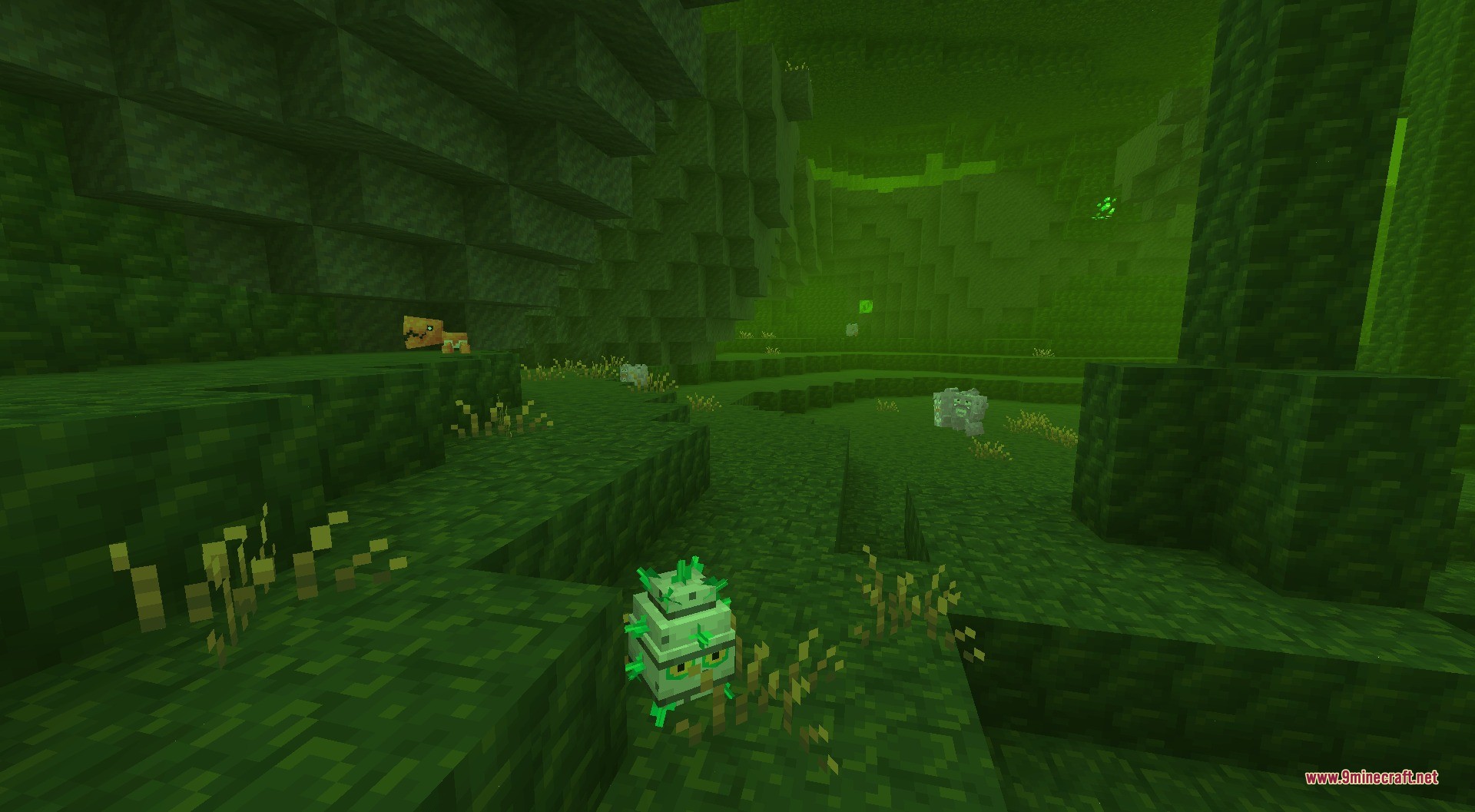 Primordial Pocket Monsters Data Pack Screenshot 2 A spiky green creature spawns in the radioactive fog of the Toxic Caves