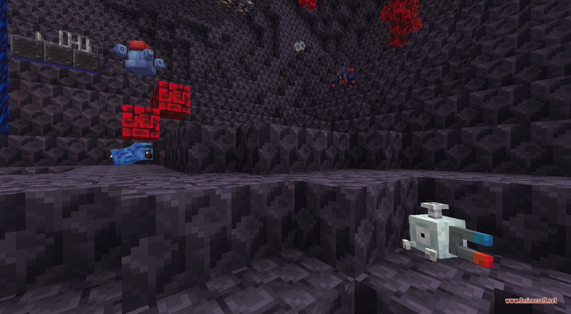 Primordial Pocket Monsters Data Pack Screenshot 4 Magnemite and Beldum floating in a dark magnetic cave with rocky walls
