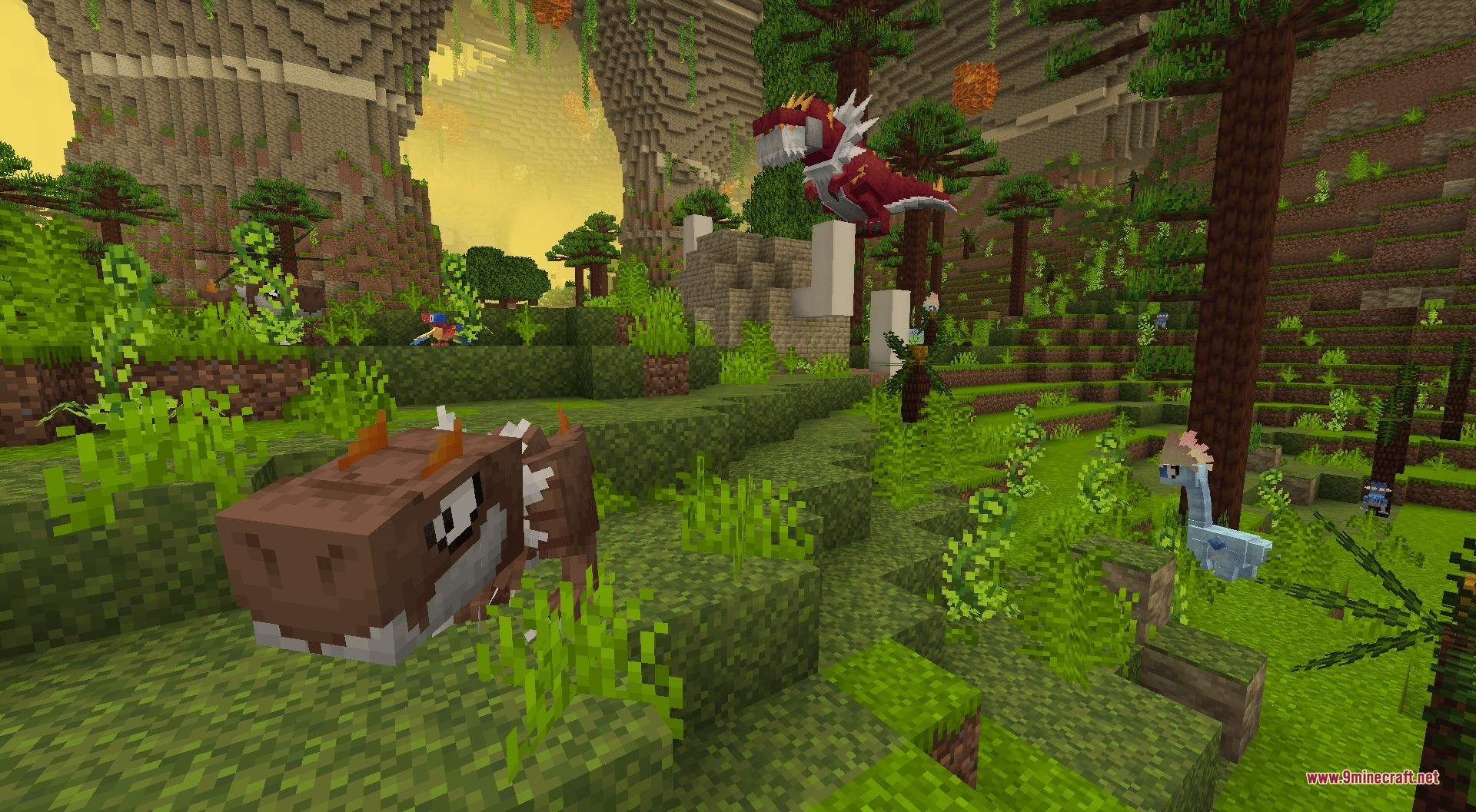 Primordial Pocket Monsters Data Pack Screenshot 6 Ancient fossil monsters like Tyrantrum and Bastiodon roaming through a lush jungle cave