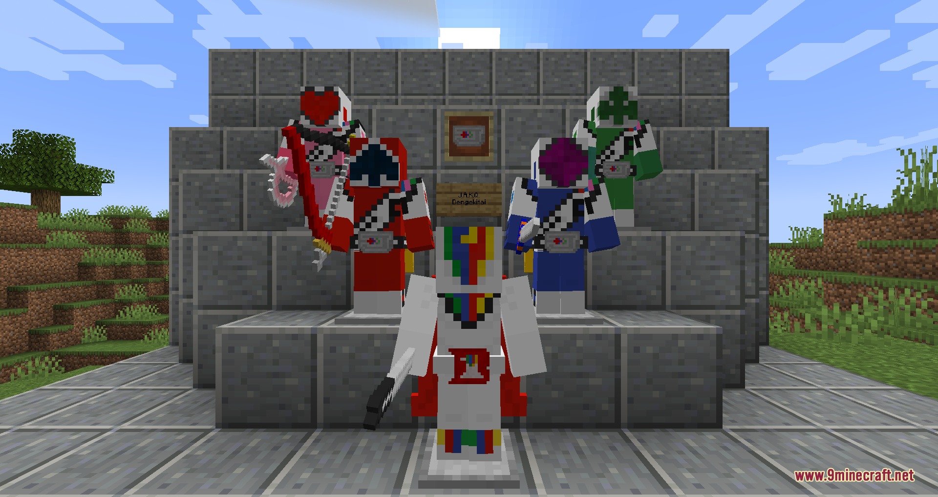 Five Minecraft characters wearing JAKQ Dengekitai hero armor posing on stone steps