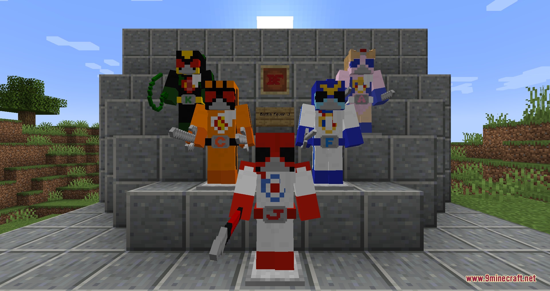 Five players wearing Battle Fever J armor sets standing on stone blocks