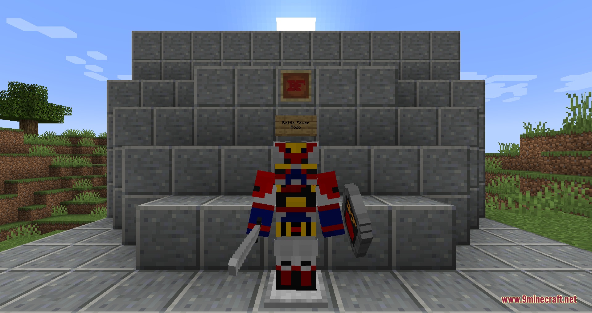 A player wearing Battle Fever Robo armor holding a sword and shield