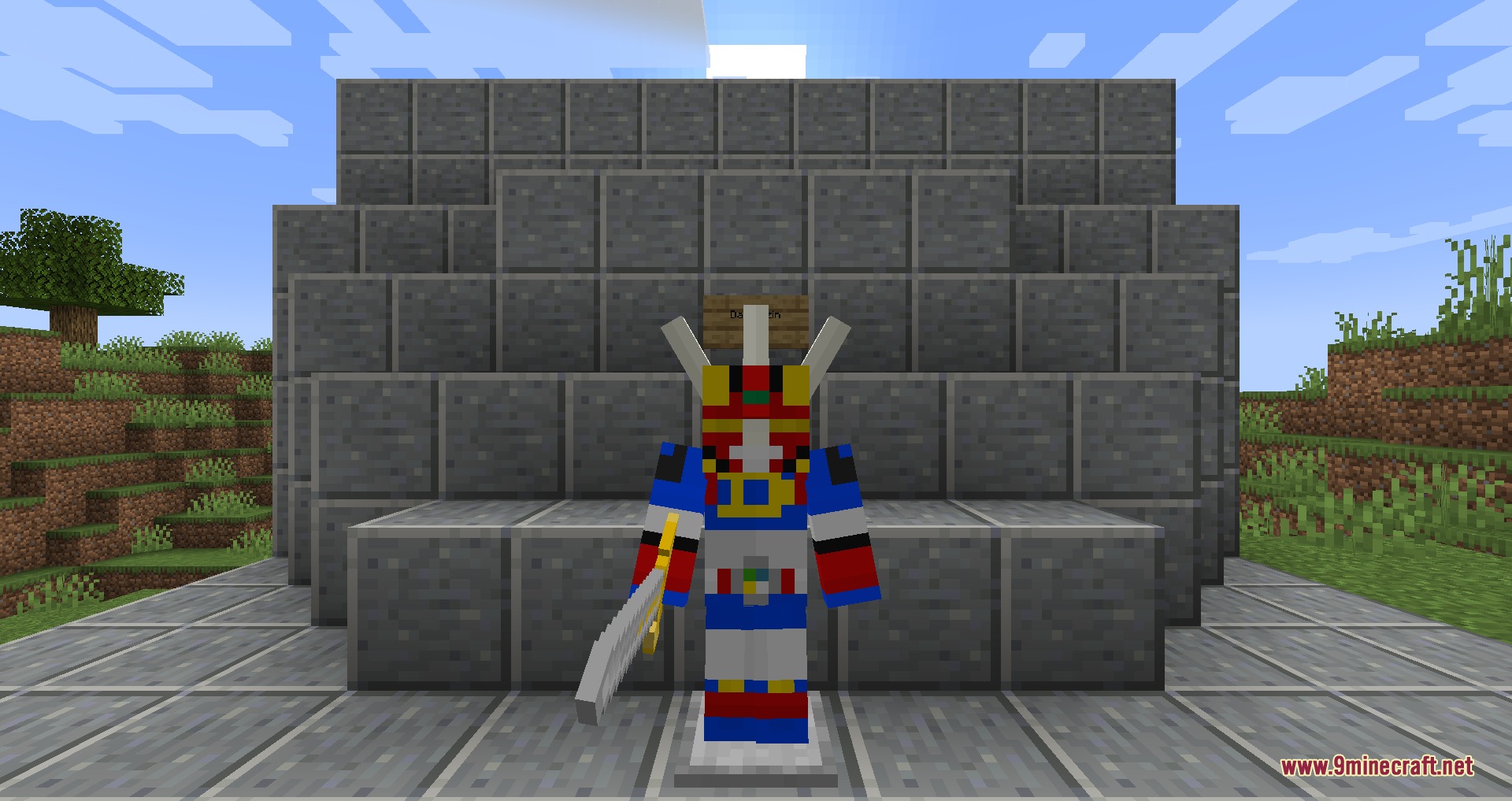 A Minecraft character wearing a detailed mecha suit and holding a sword