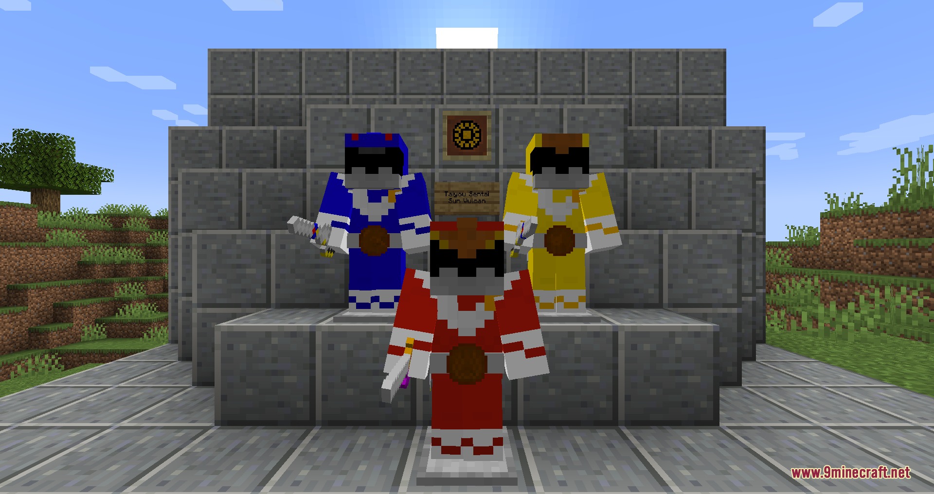 Three Minecraft characters wearing Taiyou Sentai Sun Vulcan armor sets holding weapons