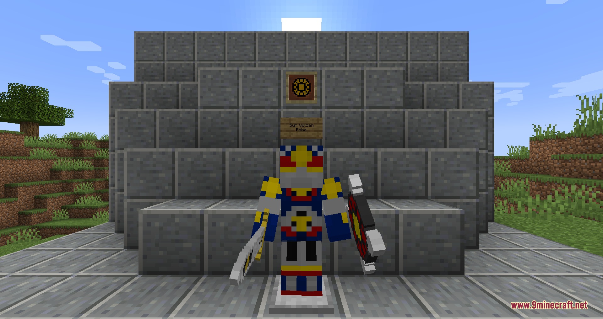 A Minecraft player wearing the Sun Vulcan Robo armor holding a sword and shield