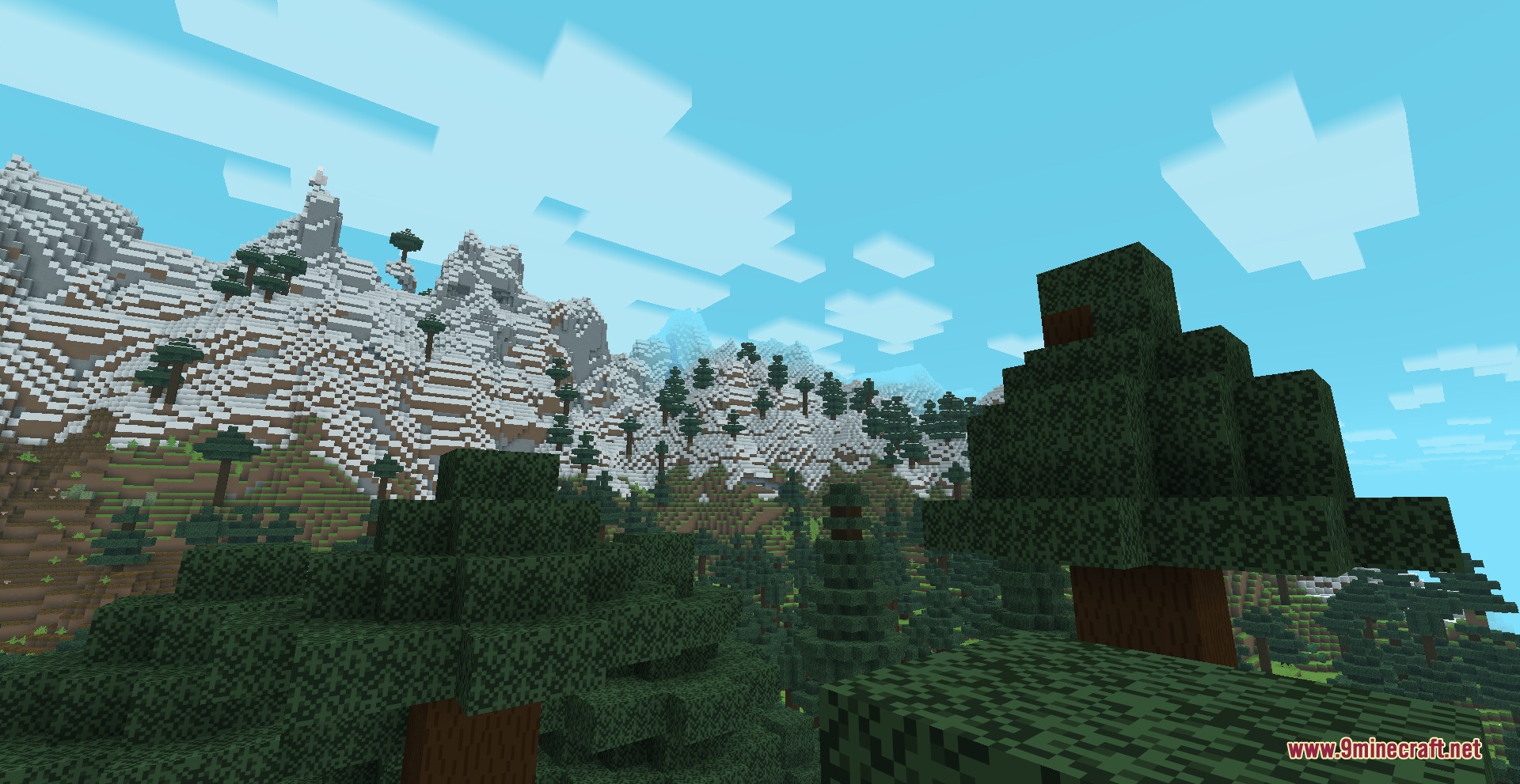 Prismatic Atmosphere Resource Pack Screenshot 3 Prismatic Atmosphere Resource Pack adds a vibrant blue sky to the snowy mountain peaks