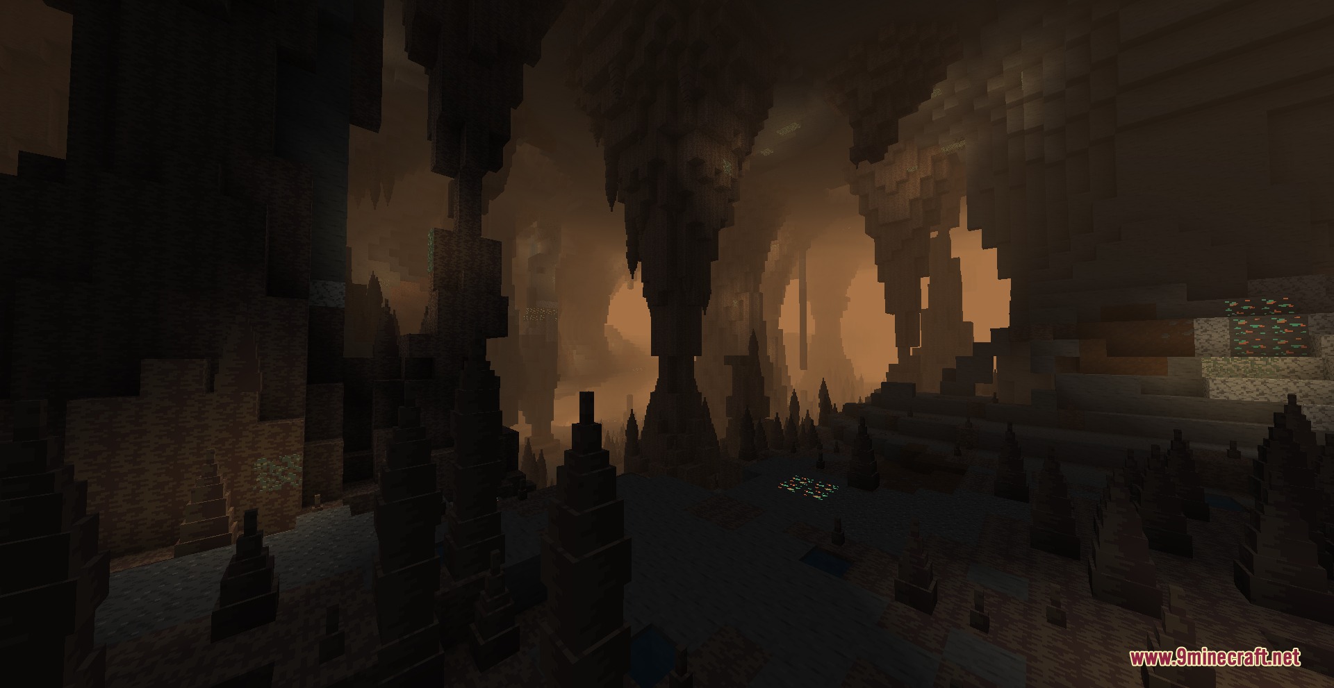 Prismatic Atmosphere Resource Pack Screenshot 4 A massive underground dripstone cave filled with a thick and dusty orange fog