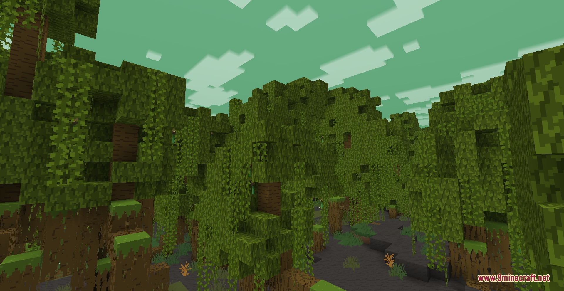 Prismatic Atmosphere Resource Pack Screenshot 6 Lush green jungle with thick vines and a vibrant emerald green sky