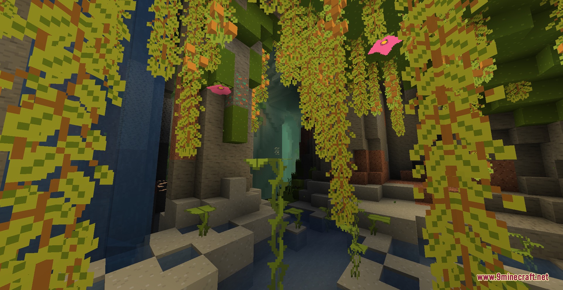 Prismatic Atmosphere Resource Pack Screenshot 8 Lush cave biome with hanging yellow vines and pink flowers over water