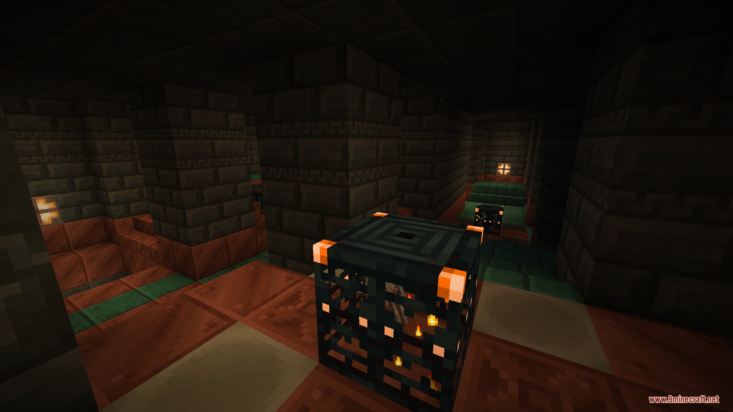 Prismatic Bloom Aura Mod Screenshot 2 Trial spawners and copper bulbs light up a dark trial chamber with glowing accents