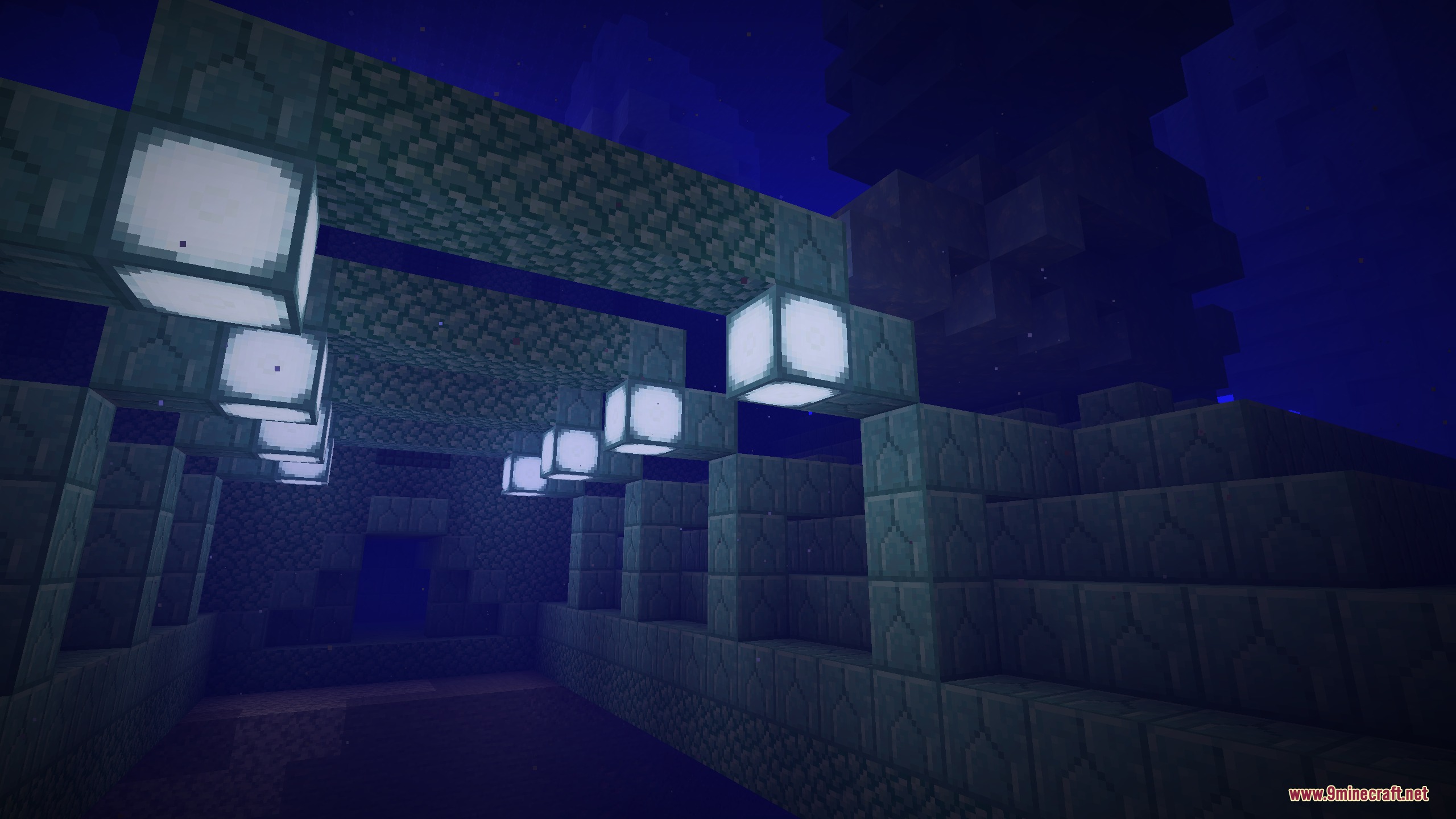 Prismatic Bloom Aura Mod Screenshot 3 Sea lanterns emit a bright glow inside a stone underwater structure