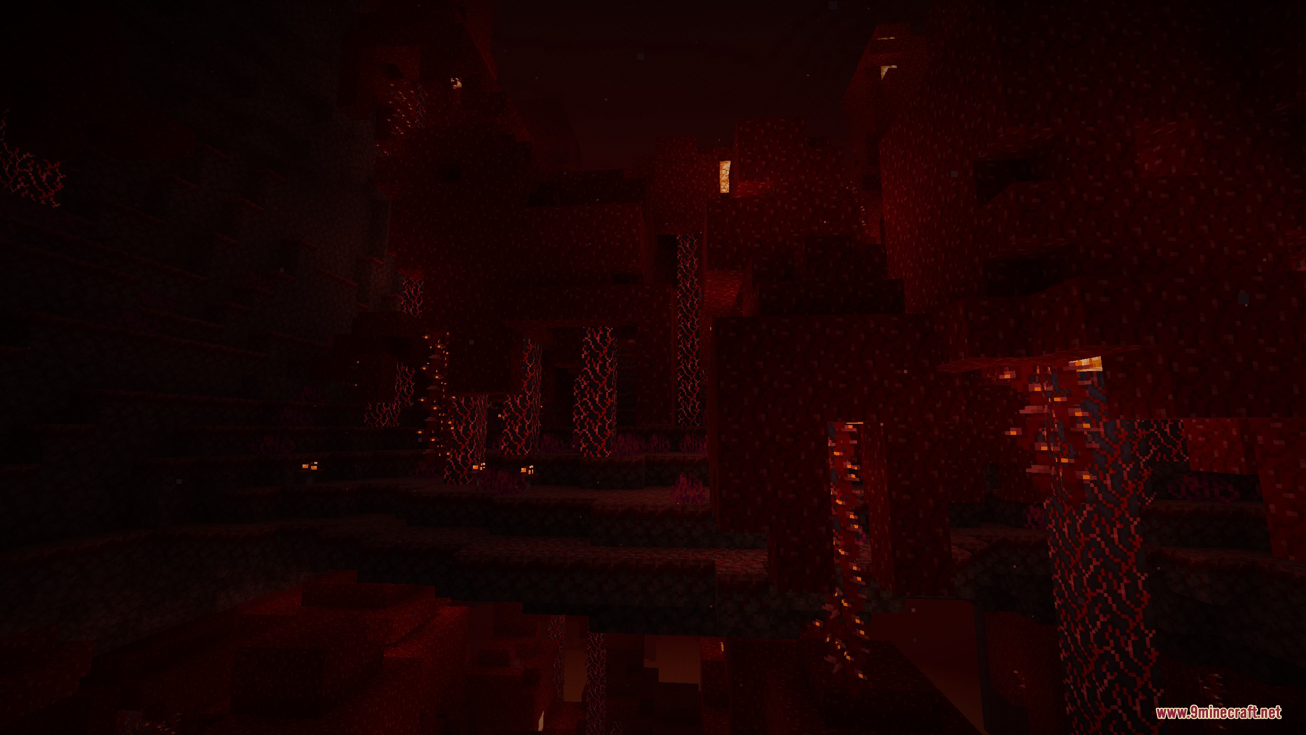 Prismatic Bloom Aura Mod Screenshot 6 Crimson forest plants with bright red glowing highlights in a dark cave