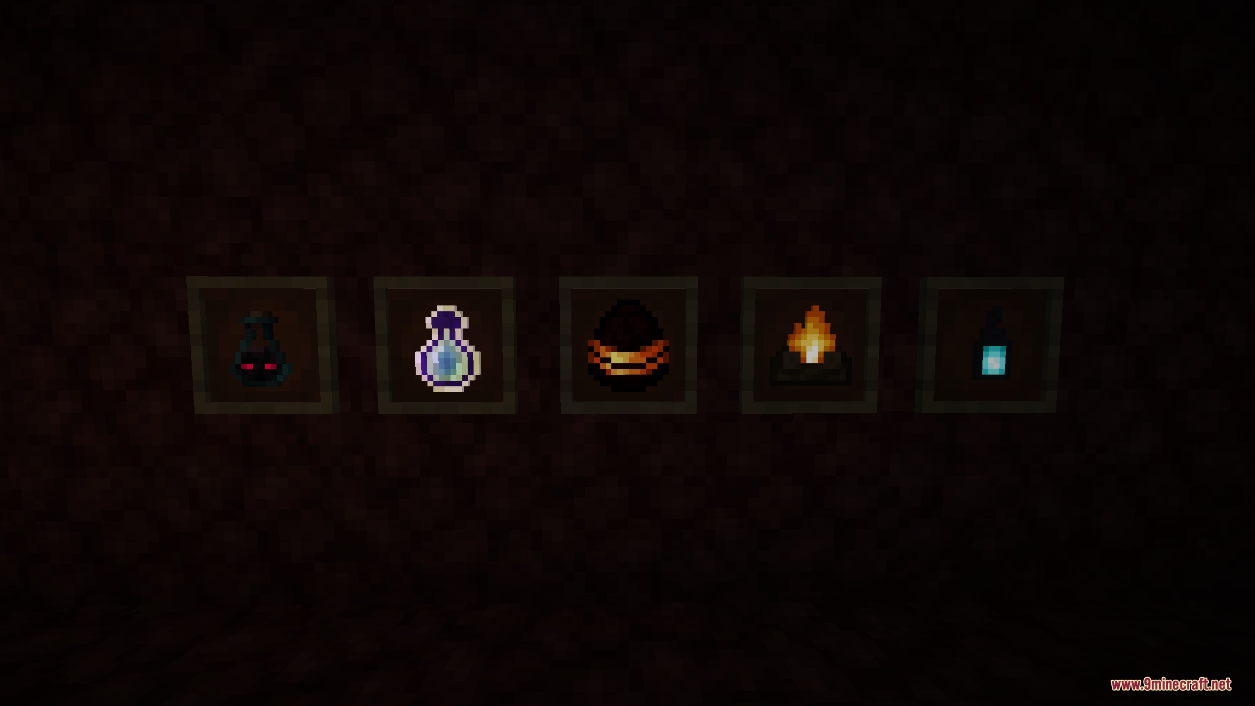 Prismatic Bloom Aura Mod Screenshot 8 Five glowing items including soul fire and soul lantern displayed in item frames