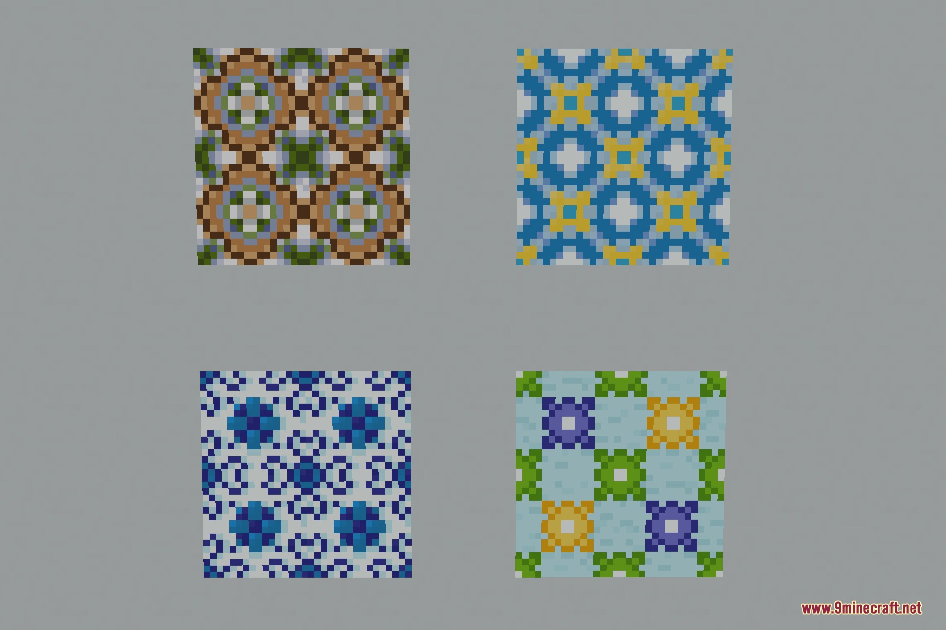 Prismatic Masonry Construction Mod Screenshot 3 Four colorful azulejo tile patterns with intricate geometric and floral designs