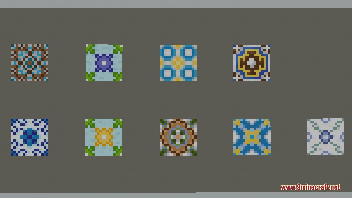 Prismatic Masonry Construction Mod Screenshot 4 Nine decorative azulejo tile patterns displayed in two rows on gray background