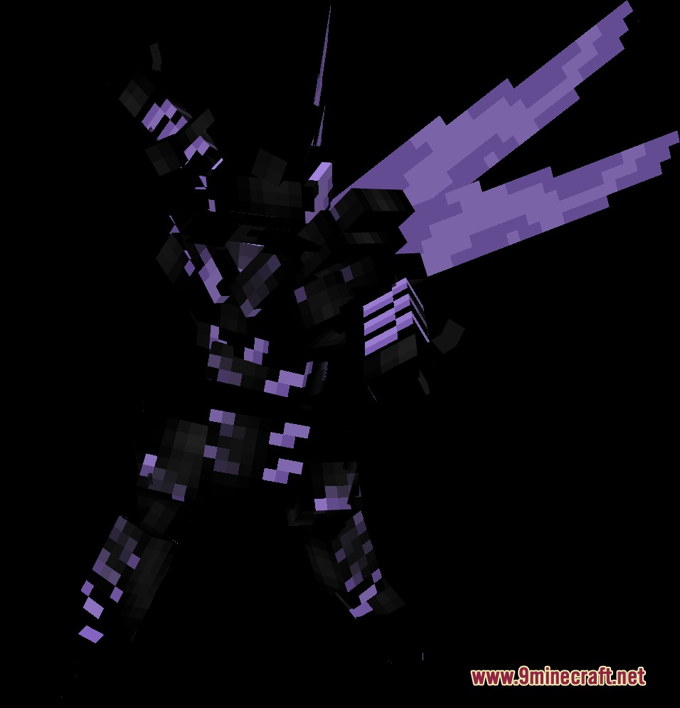 A dark armored entity with purple wings and glowing highlights standing