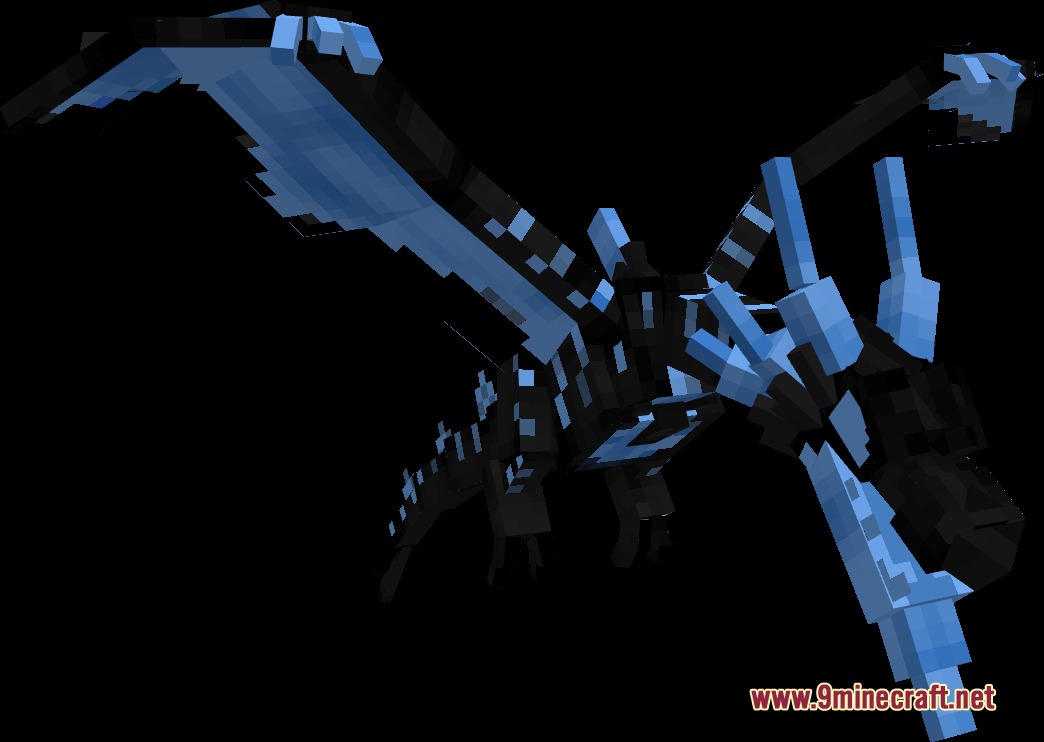 A blue and black blocky dragon with glowing wings in a dark void