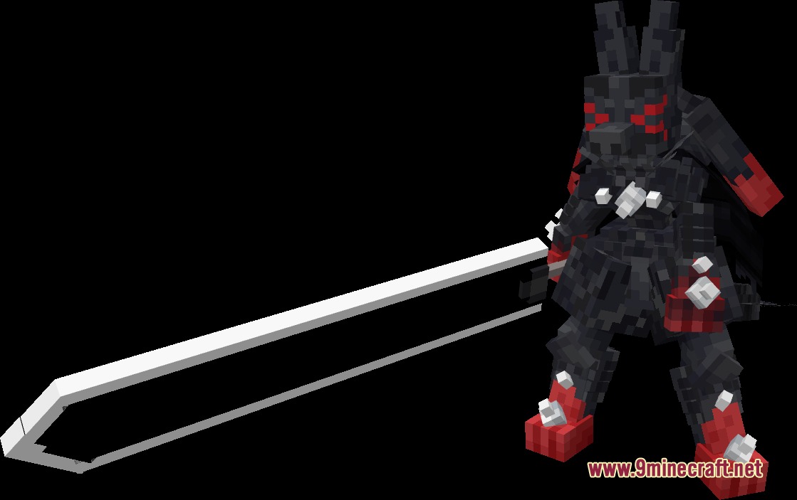 A black armored knight with red eyes holding a giant white sword