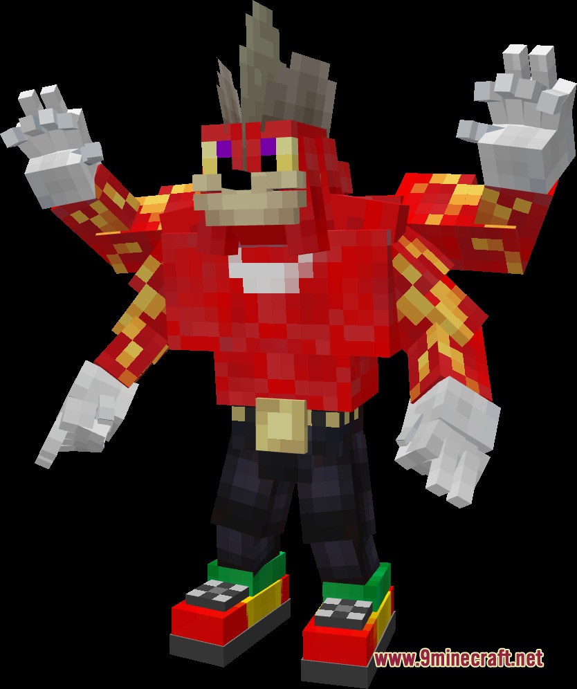 A Minecraft Machamp model wearing a red Knuckles the Echidna character skin