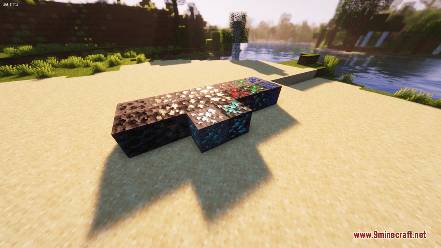 Prismic Patterned Depth Resource Pack Screenshot 1 Prismic Patterned Depth Resource Pack showcasing geometric ore blocks on a beach