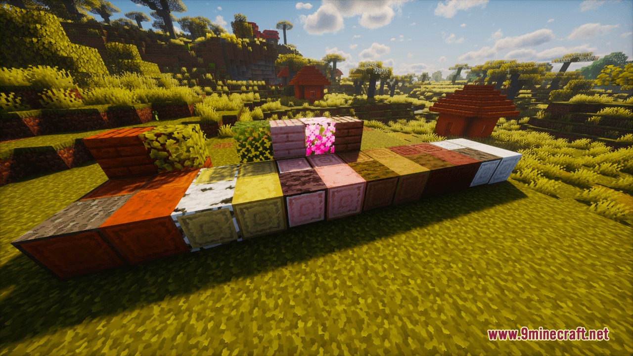 Prismic Patterned Depth Resource Pack Screenshot 3 Showcase of geometric patterned blocks with realistic shader lighting in a field