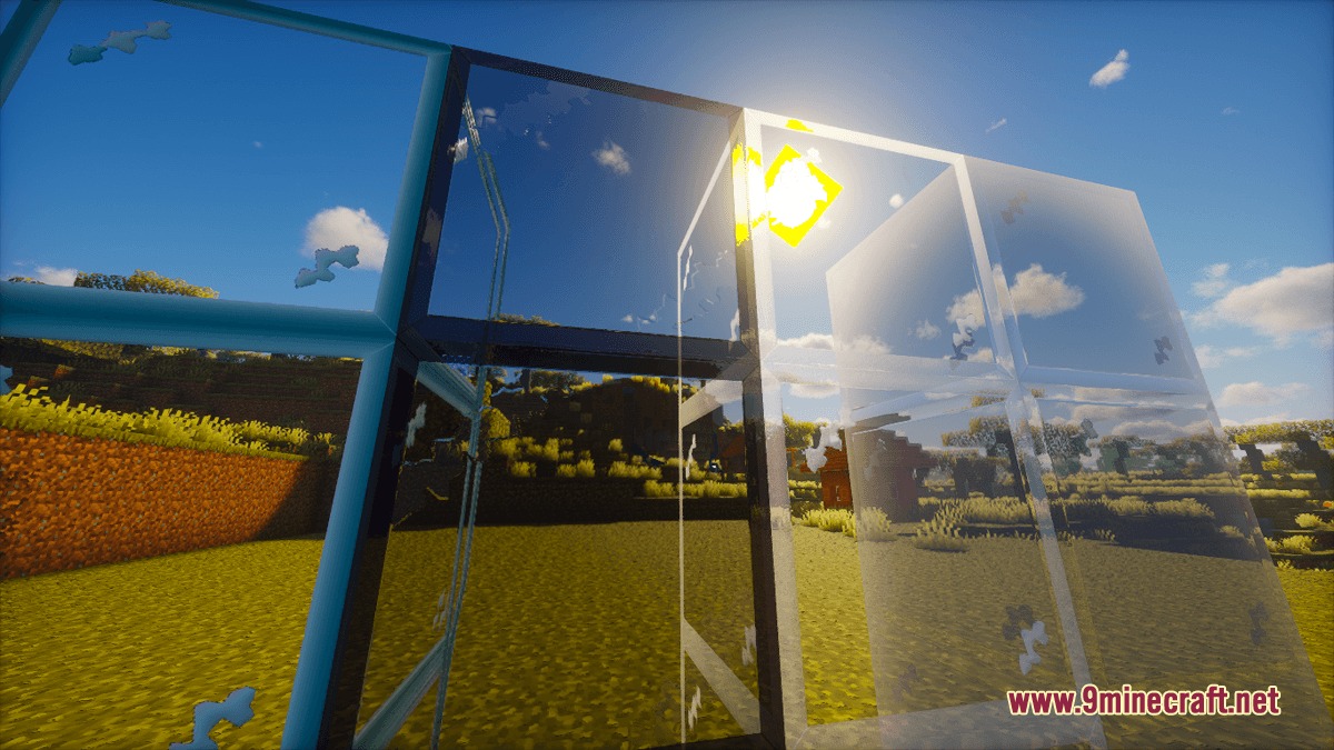 Prismic Patterned Depth Resource Pack Screenshot 5 Sunlight reflects off the smooth surface of glass panes in a grassy field