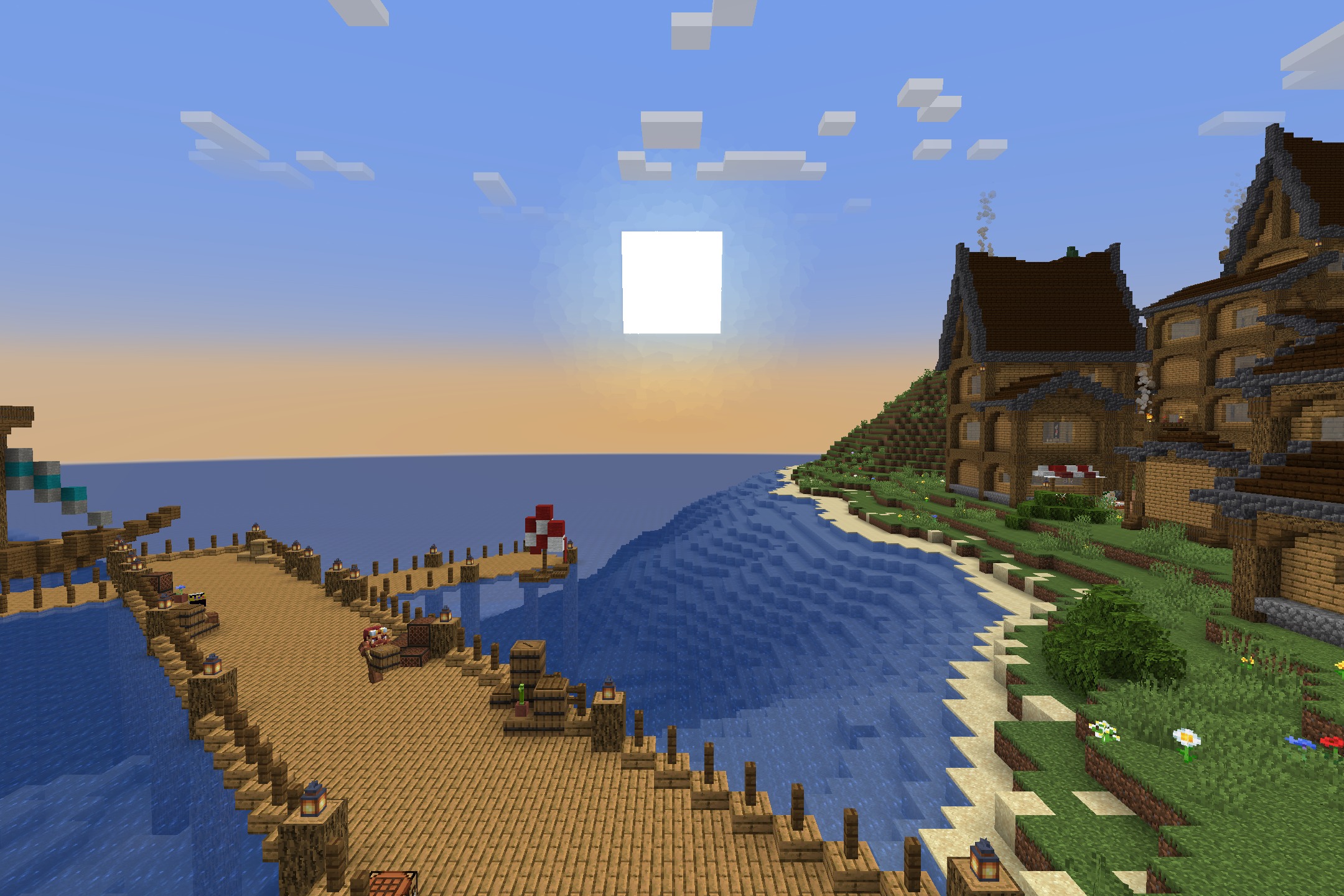 Prismic Patterned Depth Resource Pack Screenshot 9 A wooden dock extends into the ocean next to a large patterned house