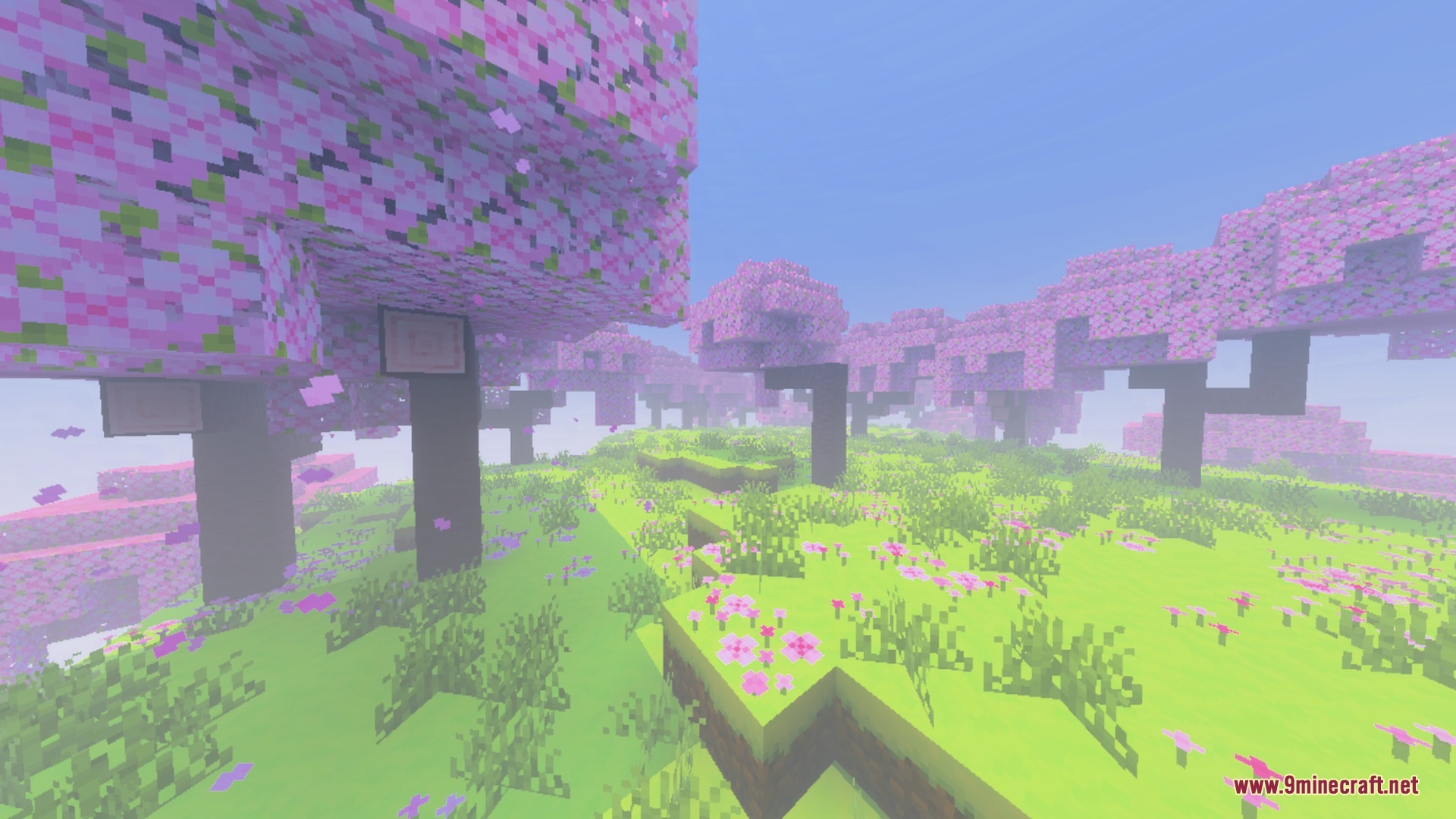 Project Silent Breakpoint Weather Cycle Shader Screenshot 1 Pink cherry blossom trees and flowers surrounded by a thick white mist